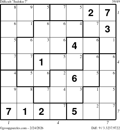 The grouppuzzles.com Difficult Sudoku-7 puzzle for Tuesday February 24, 2026, suitable for printing, with all 9 steps marked