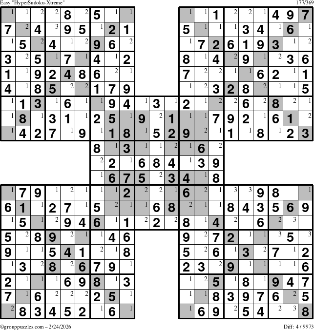 The grouppuzzles.com Easy HyperSudoku-Xtreme puzzle for Tuesday February 24, 2026 with the first 3 steps marked