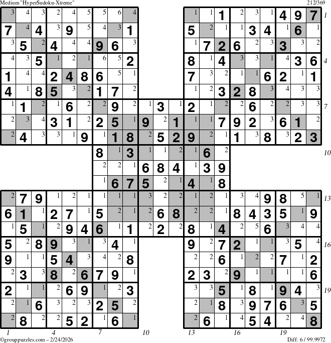 The grouppuzzles.com Medium HyperSudoku-Xtreme puzzle for Tuesday February 24, 2026 with all 6 steps marked
