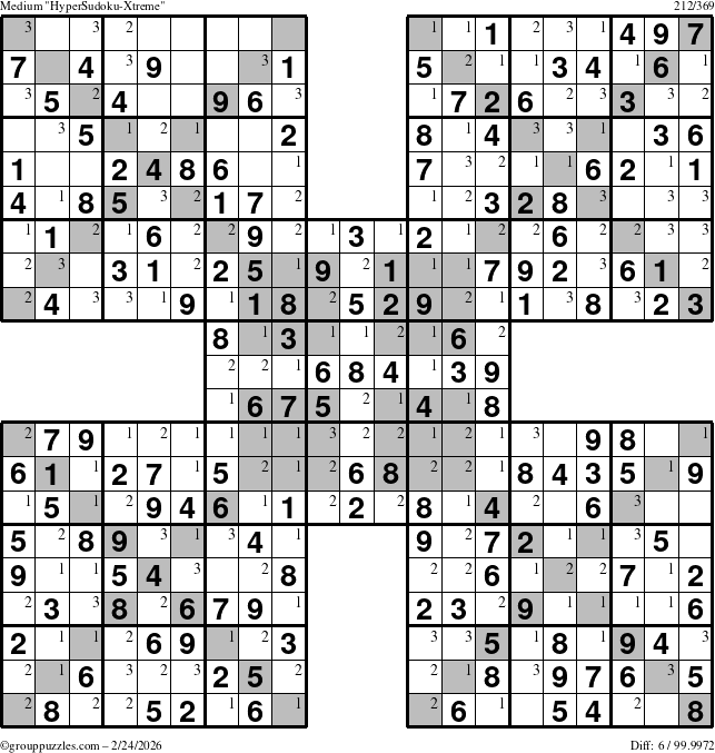 The grouppuzzles.com Medium HyperSudoku-Xtreme puzzle for Tuesday February 24, 2026 with the first 3 steps marked