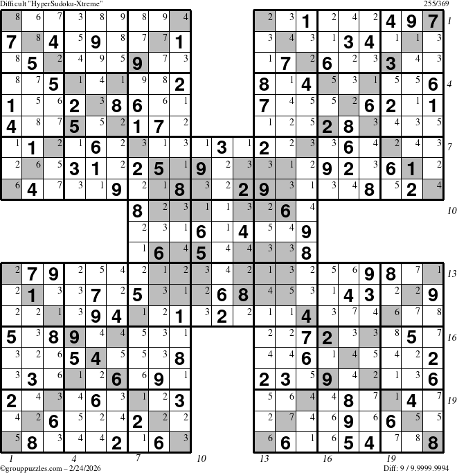 The grouppuzzles.com Difficult HyperSudoku-Xtreme puzzle for Tuesday February 24, 2026 with all 9 steps marked