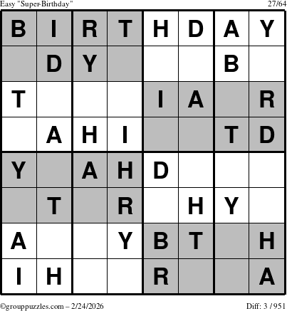 The grouppuzzles.com Easy Super-Birthday puzzle for Tuesday February 24, 2026