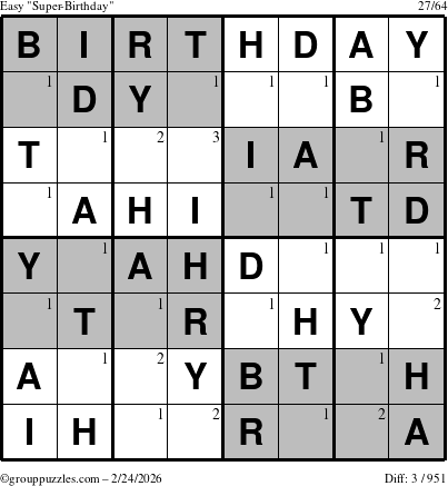 The grouppuzzles.com Easy Super-Birthday puzzle for Tuesday February 24, 2026 with the first 3 steps marked
