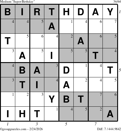 The grouppuzzles.com Medium Super-Birthday puzzle for Tuesday February 24, 2026, suitable for printing, with all 7 steps marked