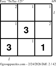 The grouppuzzles.com Easy TicTac-123 puzzle for Tuesday February 24, 2026, suitable for printing, with all 2 steps marked