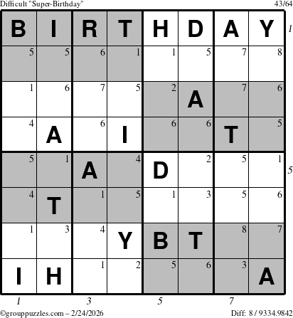 The grouppuzzles.com Difficult Super-Birthday puzzle for Tuesday February 24, 2026, suitable for printing, with all 8 steps marked