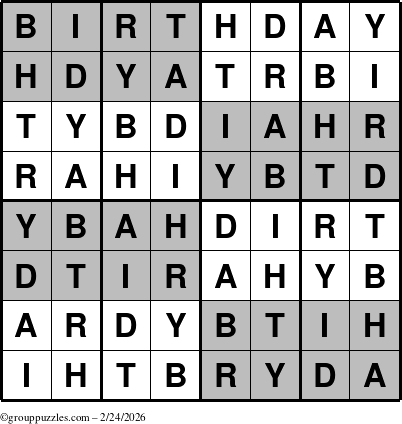 The grouppuzzles.com Answer grid for the Super-Birthday puzzle for Tuesday February 24, 2026