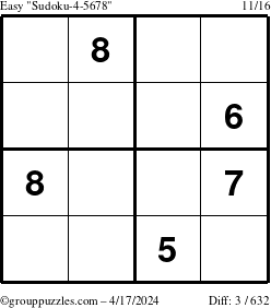 The grouppuzzles.com Easy Sudoku-4-5678 puzzle for Wednesday April 17, 2024