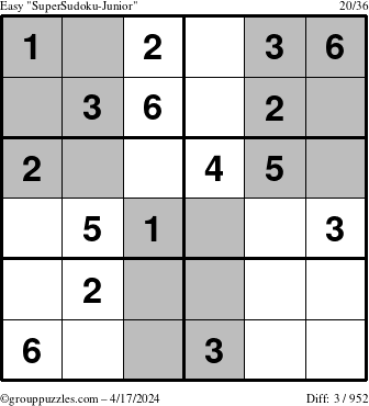 The grouppuzzles.com Easy SuperSudoku-Junior puzzle for Wednesday April 17, 2024