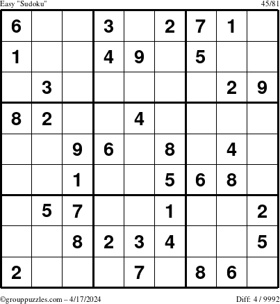 The grouppuzzles.com Easy Sudoku puzzle for Wednesday April 17, 2024