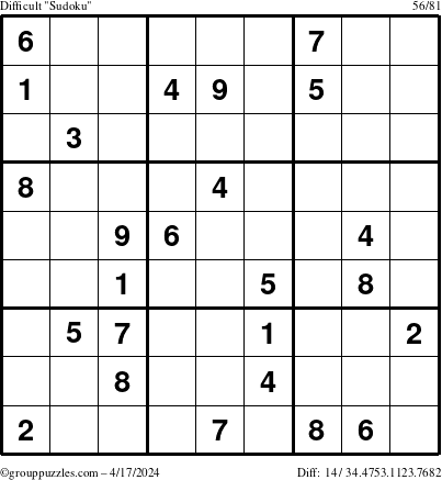 The grouppuzzles.com Difficult Sudoku puzzle for Wednesday April 17, 2024