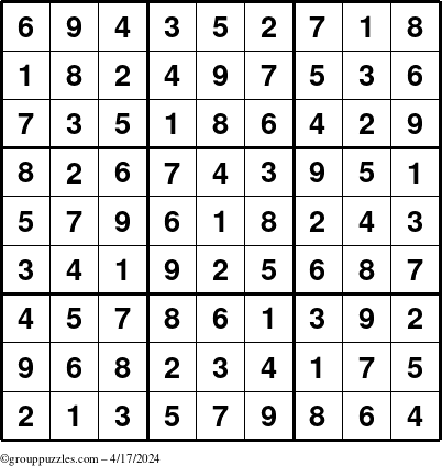 The grouppuzzles.com Answer grid for the Sudoku puzzle for Wednesday April 17, 2024