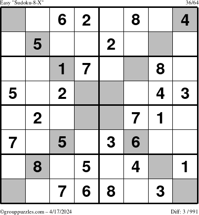 The grouppuzzles.com Easy Sudoku-8-X puzzle for Wednesday April 17, 2024