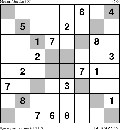 The grouppuzzles.com Medium Sudoku-8-X puzzle for Wednesday April 17, 2024