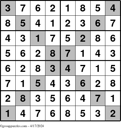The grouppuzzles.com Answer grid for the Sudoku-8-X puzzle for Wednesday April 17, 2024