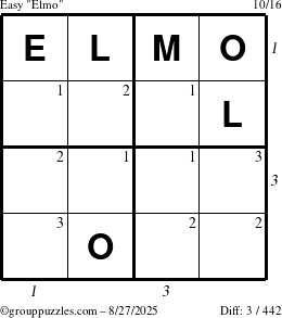 The grouppuzzles.com Easy Elmo puzzle for Wednesday August 27, 2025, suitable for printing, with all 3 steps marked