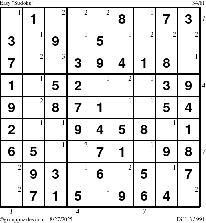 The grouppuzzles.com Easy Sudoku puzzle for Wednesday August 27, 2025 with all 3 steps marked