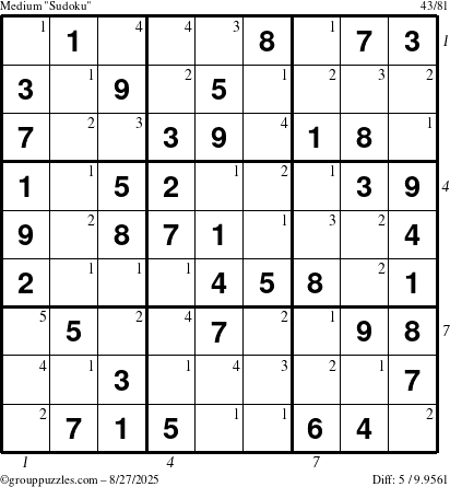 The grouppuzzles.com Medium Sudoku puzzle for Wednesday August 27, 2025 with all 5 steps marked