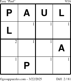 The grouppuzzles.com Easy Paul puzzle for Saturday March 22, 2025 with the first 2 steps marked
