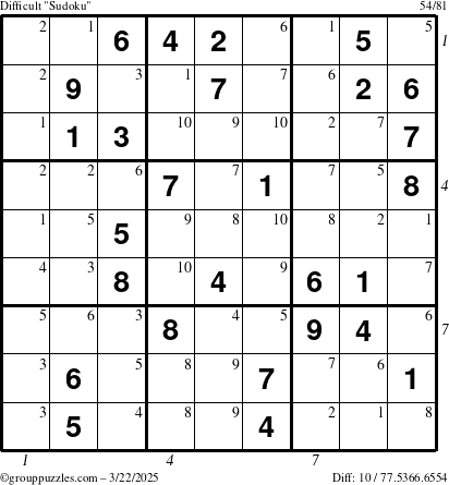 The grouppuzzles.com Difficult Sudoku puzzle for Saturday March 22, 2025 with all 10 steps marked