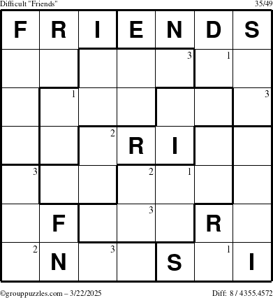 The grouppuzzles.com Difficult Friends puzzle for Saturday March 22, 2025 with the first 3 steps marked