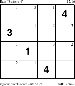 The grouppuzzles.com Easy Sudoku-4 puzzle for Saturday August 1, 2026 with the first 3 steps marked