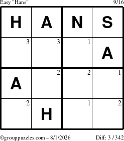 The grouppuzzles.com Easy Hans puzzle for Saturday August 1, 2026 with the first 3 steps marked