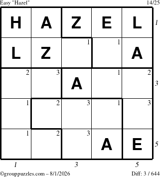 The grouppuzzles.com Easy Hazel puzzle for Saturday August 1, 2026 with all 3 steps marked