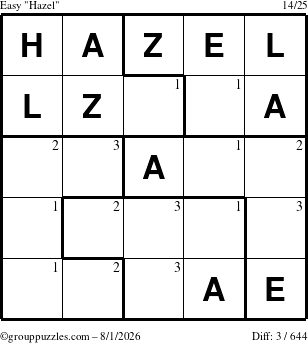 The grouppuzzles.com Easy Hazel puzzle for Saturday August 1, 2026 with the first 3 steps marked