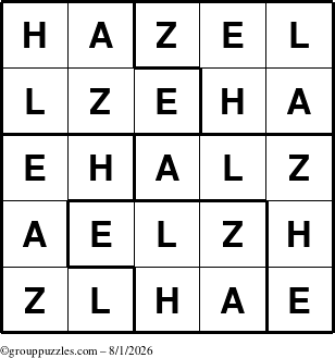 The grouppuzzles.com Answer grid for the Hazel puzzle for Saturday August 1, 2026