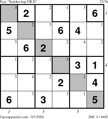 The grouppuzzles.com Easy Sudoku-6up-UR-D puzzle for Saturday August 1, 2026, suitable for printing, with all 4 steps marked