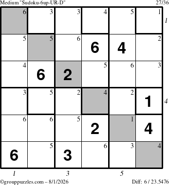 The grouppuzzles.com Medium Sudoku-6up-UR-D puzzle for Saturday August 1, 2026, suitable for printing, with all 6 steps marked