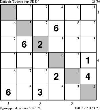 The grouppuzzles.com Difficult Sudoku-6up-UR-D puzzle for Saturday August 1, 2026 with all 8 steps marked