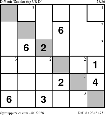 The grouppuzzles.com Difficult Sudoku-6up-UR-D puzzle for Saturday August 1, 2026 with the first 3 steps marked