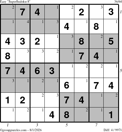 The grouppuzzles.com Easy SuperSudoku-8 puzzle for Saturday August 1, 2026 with all 4 steps marked