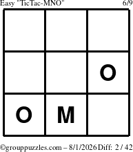 The grouppuzzles.com Easy TicTac-MNO puzzle for Saturday August 1, 2026