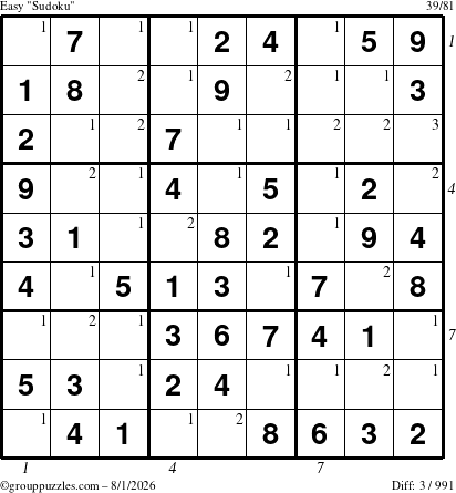 The grouppuzzles.com Easy Sudoku puzzle for Saturday August 1, 2026, suitable for printing, with all 3 steps marked