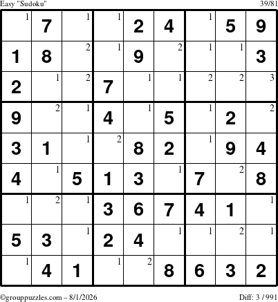 The grouppuzzles.com Easy Sudoku puzzle for Saturday August 1, 2026 with the first 3 steps marked