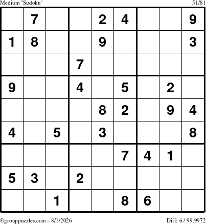 The grouppuzzles.com Medium Sudoku puzzle for Saturday August 1, 2026