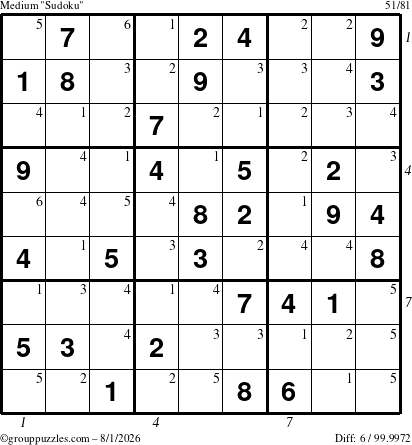 The grouppuzzles.com Medium Sudoku puzzle for Saturday August 1, 2026 with all 6 steps marked