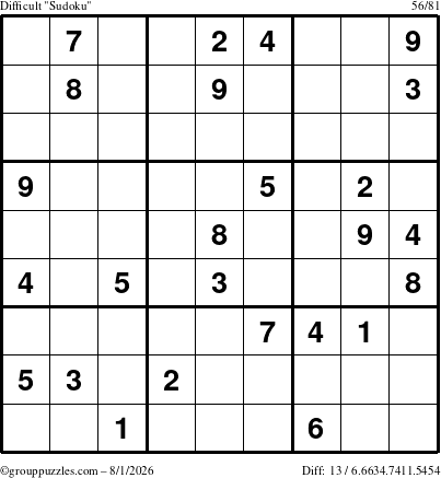 The grouppuzzles.com Difficult Sudoku puzzle for Saturday August 1, 2026