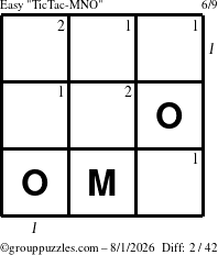 The grouppuzzles.com Easy TicTac-MNO puzzle for Saturday August 1, 2026 with all 2 steps marked
