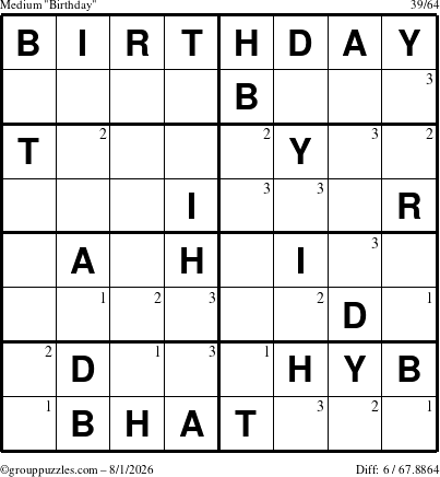 The grouppuzzles.com Medium Birthday puzzle for Saturday August 1, 2026 with the first 3 steps marked