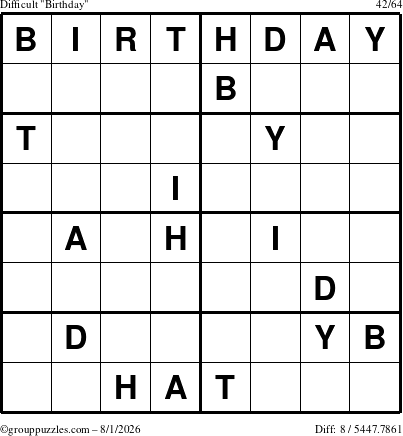 The grouppuzzles.com Difficult Birthday puzzle for Saturday August 1, 2026