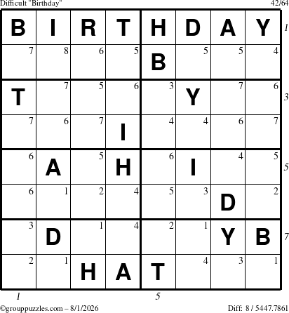 The grouppuzzles.com Difficult Birthday puzzle for Saturday August 1, 2026, suitable for printing, with all 8 steps marked