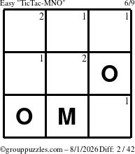 The grouppuzzles.com Easy TicTac-MNO puzzle for Saturday August 1, 2026 with the first 2 steps marked