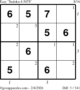 The grouppuzzles.com Easy Sudoku-4-5678 puzzle for Wednesday February 4, 2026, suitable for printing, with all 3 steps marked