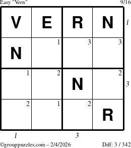 The grouppuzzles.com Easy Vern puzzle for Wednesday February 4, 2026 with all 3 steps marked