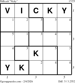 The grouppuzzles.com Difficult Vicky puzzle for Wednesday February 4, 2026, suitable for printing, with all 5 steps marked