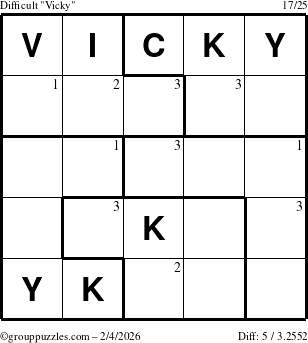 The grouppuzzles.com Difficult Vicky puzzle for Wednesday February 4, 2026 with the first 3 steps marked